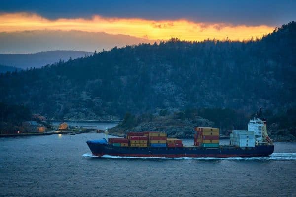 Cargo chargé de conteneurs le long d'une côte rocheuse couverte de sapins